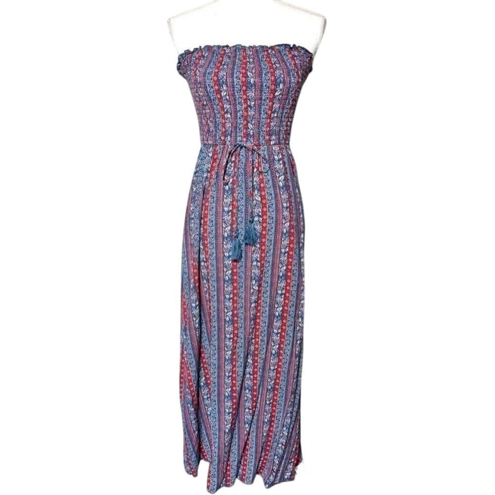 Band of Gypsies Bohemian Floral Strapless Dress Red and Blue Women Small